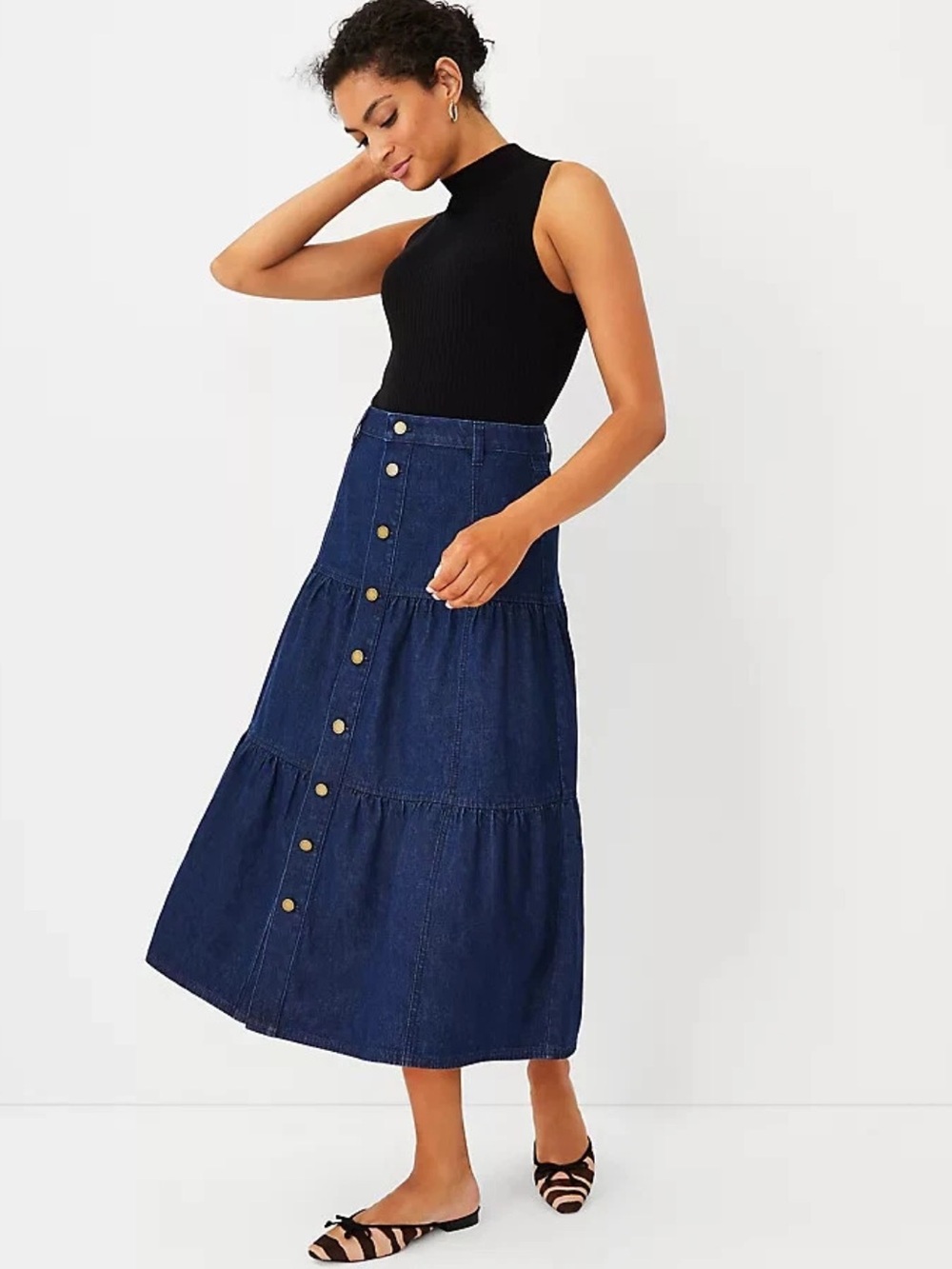 Ann Taylor Denim Tiered Button-Front Midi Skirt in Dark Blue Size 16P Classic